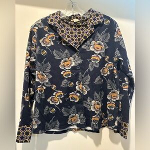 Vera Bradley Navy and Yellow Floral Top w Geometric Design Size Medium